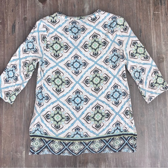 Chico's Graphic White and Blue Tunic with Mandarin Collar - Picture 10 of 10